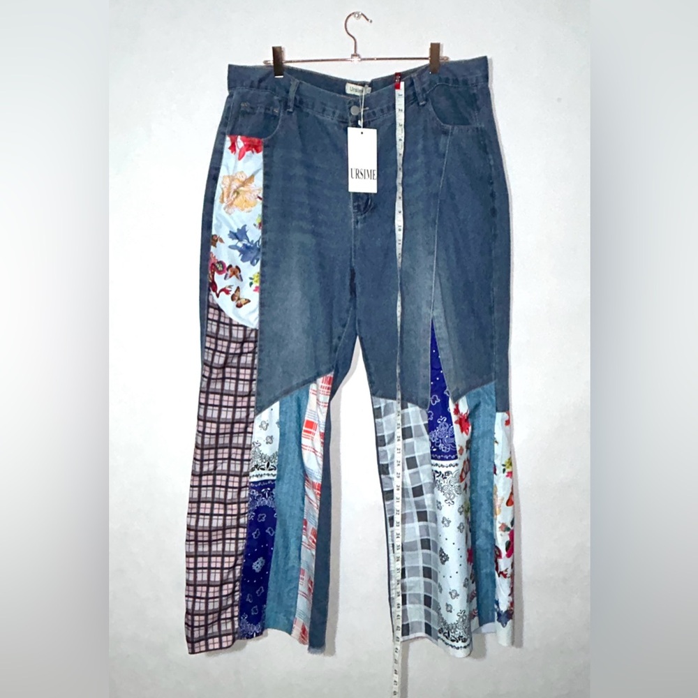 NWT URSIME Boho Patchwork Denim High Rise Retro Flare Jeans size 4XL - Picture 9 of 16
